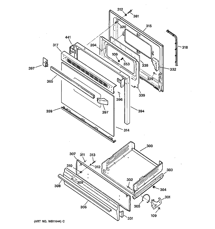 DOOR & DRAWER PARTS Diagram and Parts List for JGSS05BEW2BB  General Electric Range