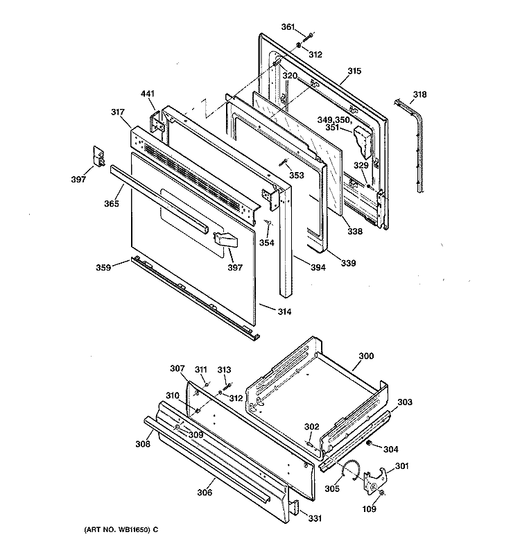 DOOR & DRAWER PARTS Diagram and Parts List for JGBS23AEW2AA  General Electric Range