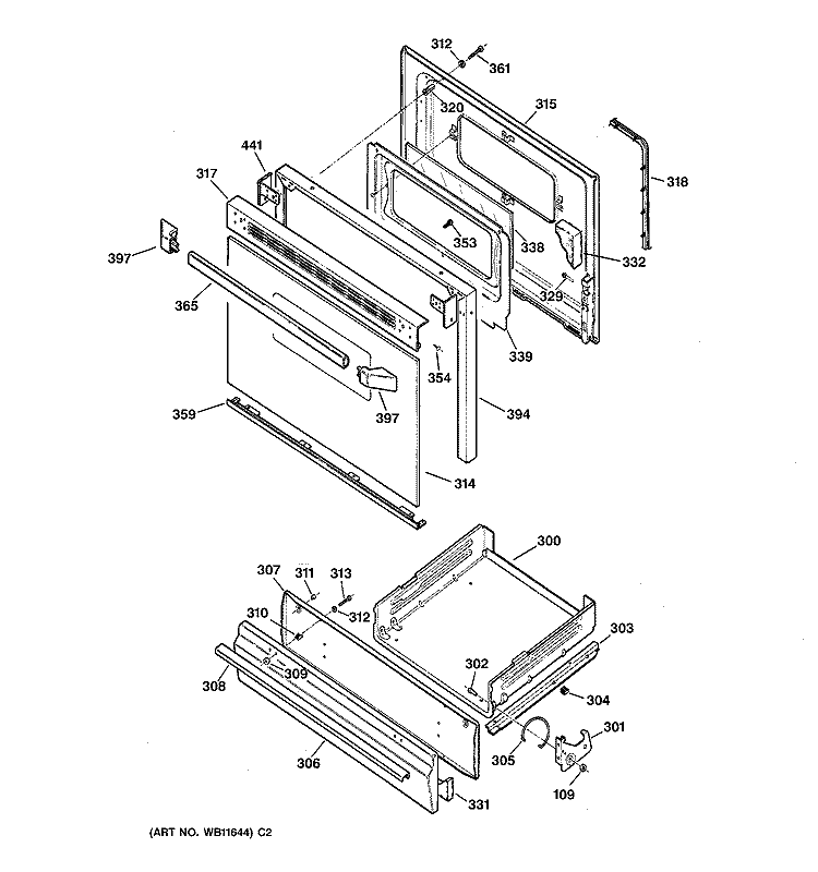 DOOR & DRAWER PARTS Diagram and Parts List for JGBS22BEW2WH  General Electric Range