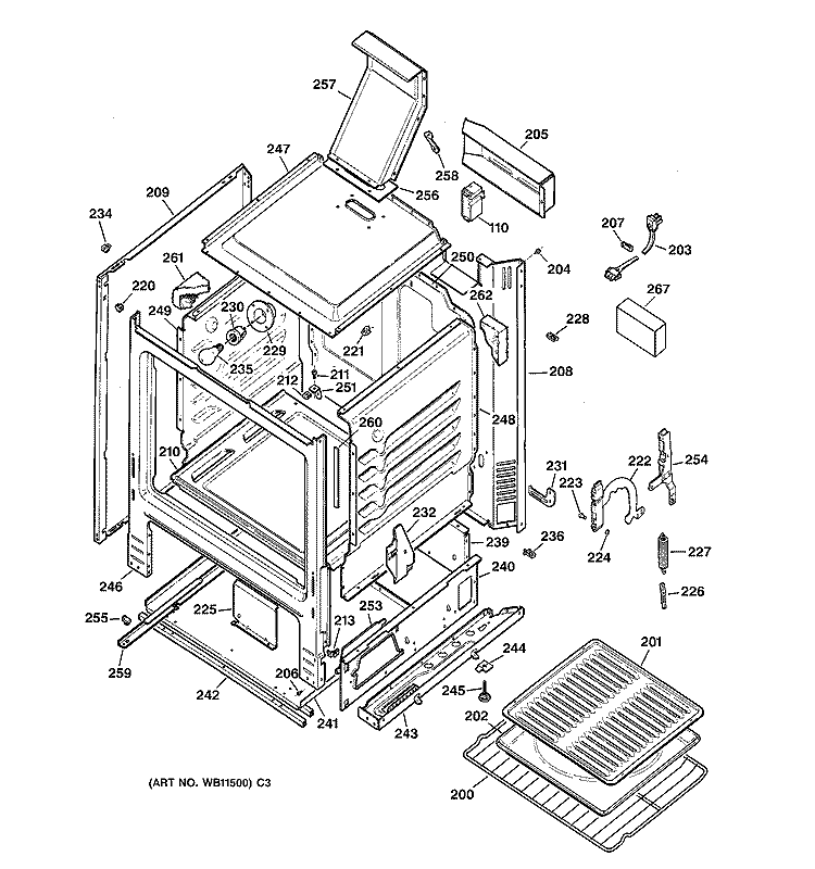 BODY PARTS Diagram and Parts List for JGBS07PEW2WW  General Electric Range