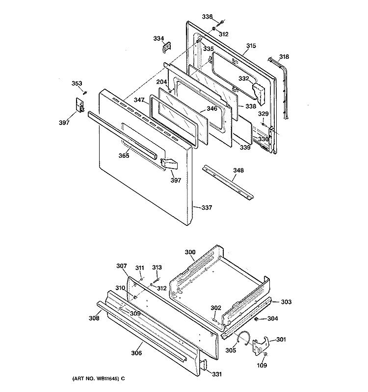 DOOR & DRAWER PARTS Diagram and Parts List for JGBS07PEW2WW  General Electric Range