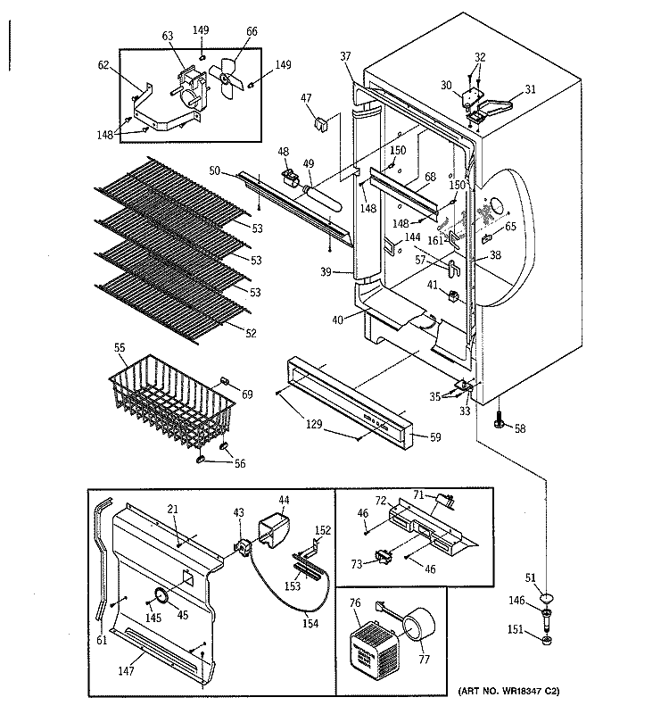 CABINET, CONTROLS & SHELVES Diagram and Parts List for FF20DXCRWH  General Electric Freezer