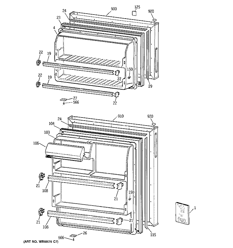 DOORS Diagram and Parts List for TBX14SYZBRAD  General Electric Refrigerator
