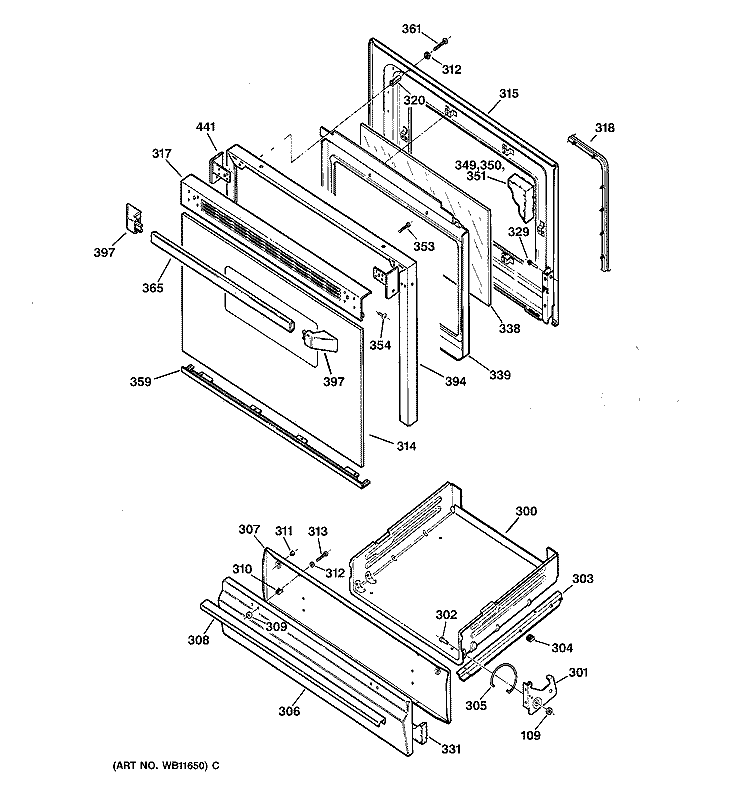 DOOR & DRAWER PARTS Diagram and Parts List for JGBS23AEW3AA  General Electric Range