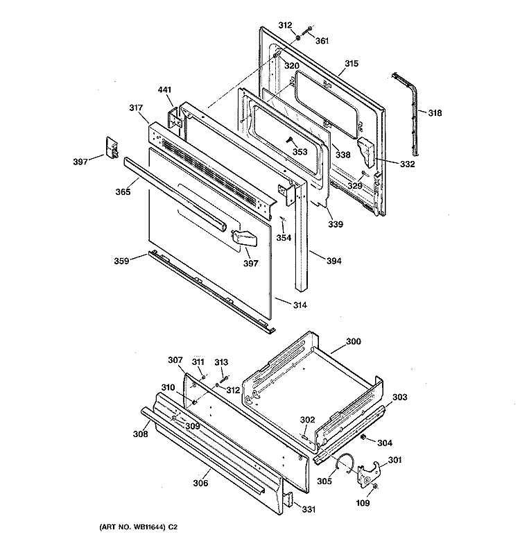 DOOR & DRAWER PARTS Diagram and Parts List for JGBS22BEW3AD  General Electric Range