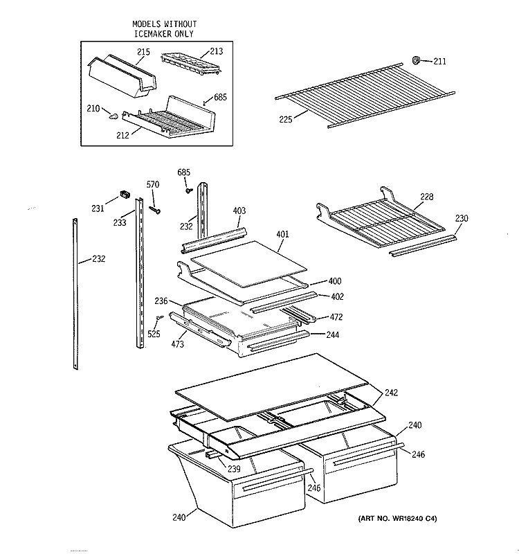 SHELF PARTS Diagram and Parts List for TBG18DAXSRAA  General Electric Refrigerator