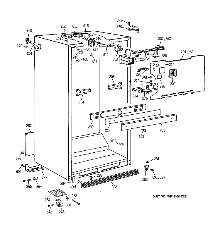 CABINET PARTS Diagram and Parts List for TBT18JAXVRWW  General Electric Refrigerator