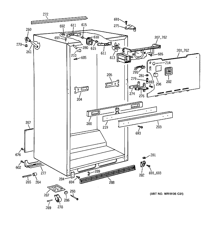 CABINET PARTS Diagram and Parts List for TBK21JAXKRAA  General Electric Refrigerator