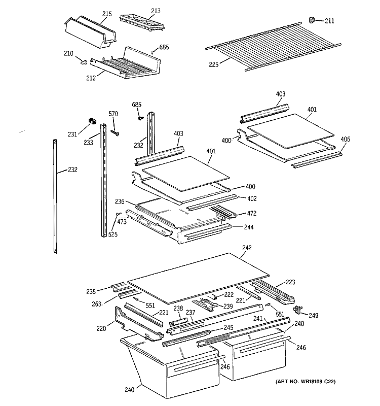 SHELF PARTS Diagram and Parts List for TBK21JAXKRAA  General Electric Refrigerator