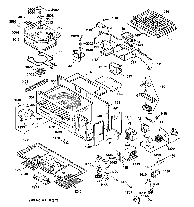 BODY PARTS Diagram and Parts List for JVM1090BW01  General Electric Microwave