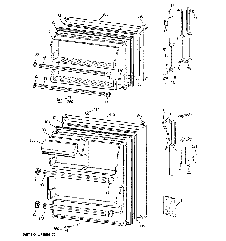 DOORS Diagram and Parts List for TBT14SAZBRAD  General Electric Refrigerator
