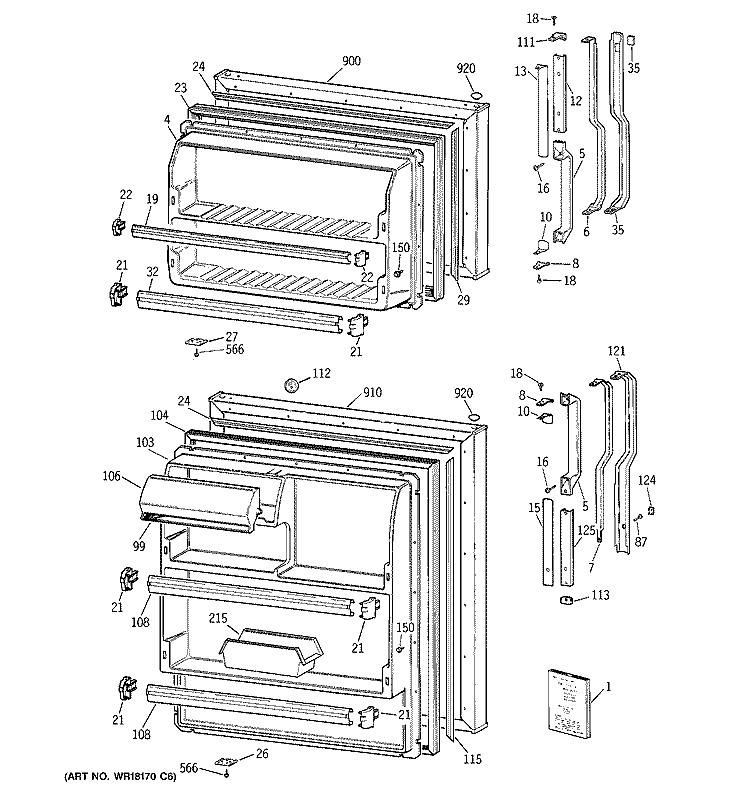 DOORS Diagram and Parts List for TBG14JAZCRAD  General Electric Refrigerator