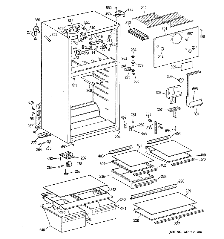 CABINET Diagram and Parts List for TBG14JAZCRAD  General Electric Refrigerator