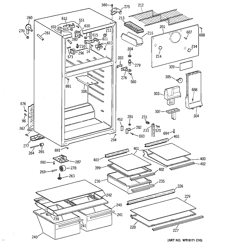 CABINET Diagram and Parts List for TBT18NAYDRAD  General Electric Refrigerator