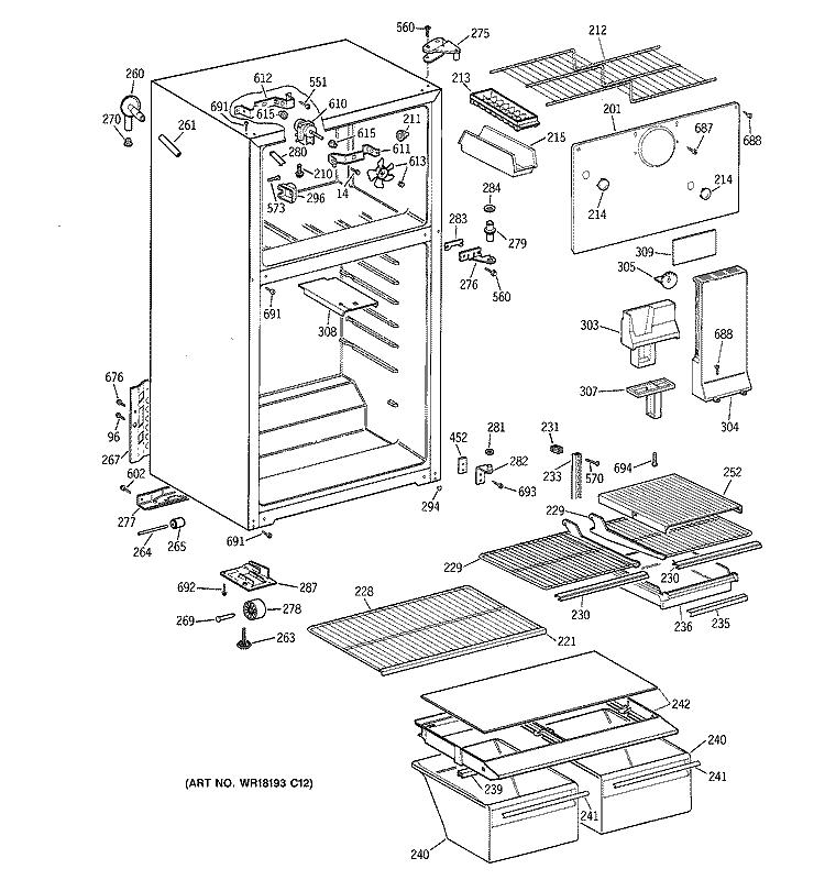 CABINET Diagram and Parts List for TBT18TAYDRWH  General Electric Refrigerator