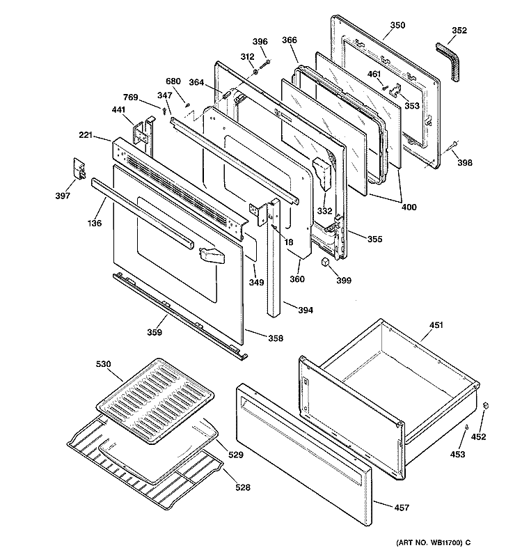DOOR & DRAWER PARTS Diagram and Parts List for JBP48AY1  General Electric Range