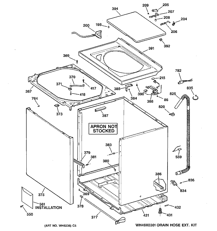 CABINET, COVER & FRONT PANEL Diagram and Parts List for WNXR2100T6AA  General Electric Washer