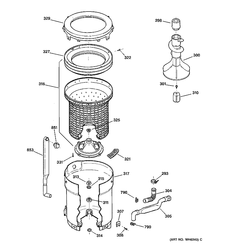 TUB, BASKET & AGITATOR Diagram and Parts List for WNXR2100T6AA  General Electric Washer