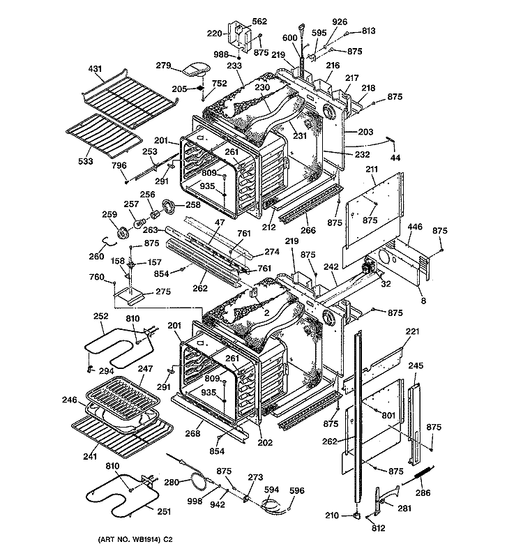 BODY PARTS Diagram and Parts List for JKP55WP2WG  General Electric Wall Oven