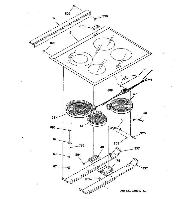 COOKTOP Diagram and Parts List for JSP40WW1WW  General Electric Range