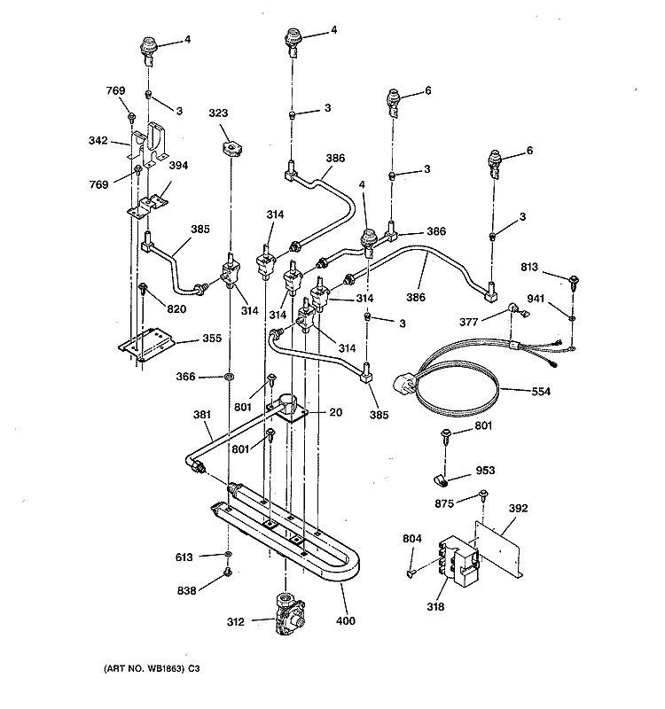 BURNER PARTS Diagram and Parts List for JGP636WEV5WW  General Electric Cooktop