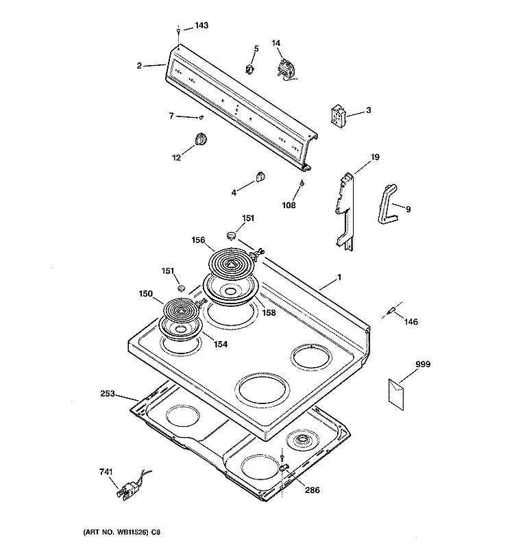 CONTROL PANEL & COOKTOP Diagram and Parts List for JBS03V2  General Electric Range