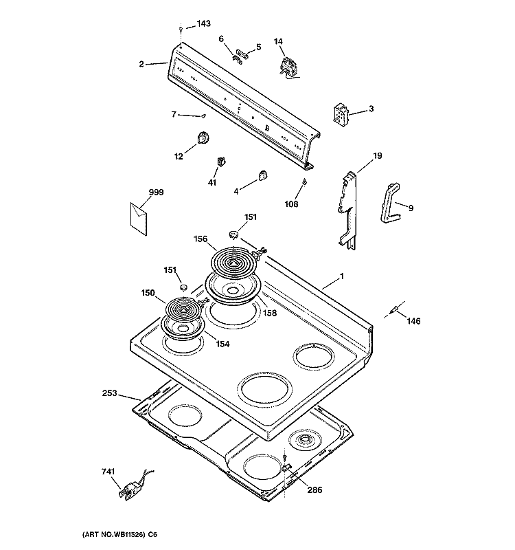 CONTROL PANEL & COOKTOP Diagram and Parts List for JBS07V3  General Electric Range