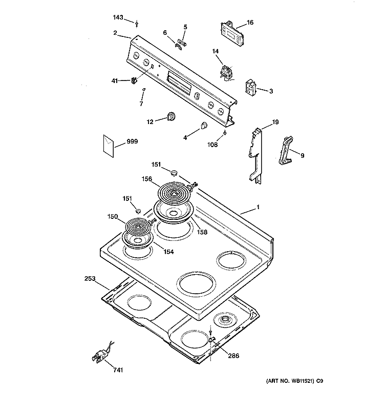 CONTROL PANEL & COOKTOP Diagram and Parts List for JBS26W2  General Electric Range