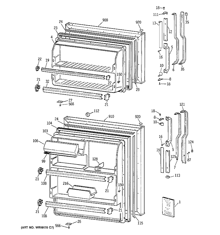 DOORS Diagram and Parts List for TBJ14DAXMRAD  General Electric Refrigerator