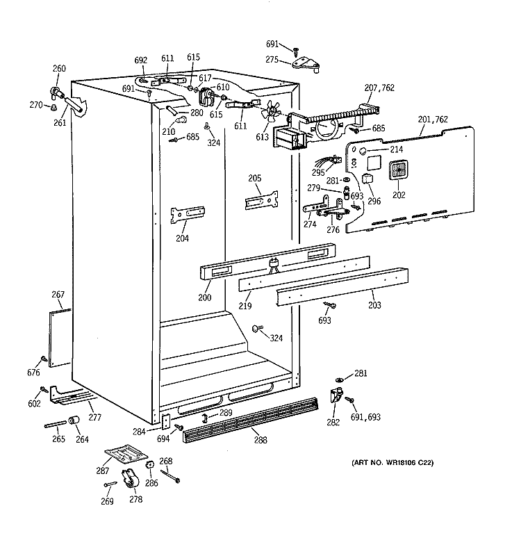 CABINET PARTS Diagram and Parts List for TBT21DAXNRWW  General Electric Refrigerator