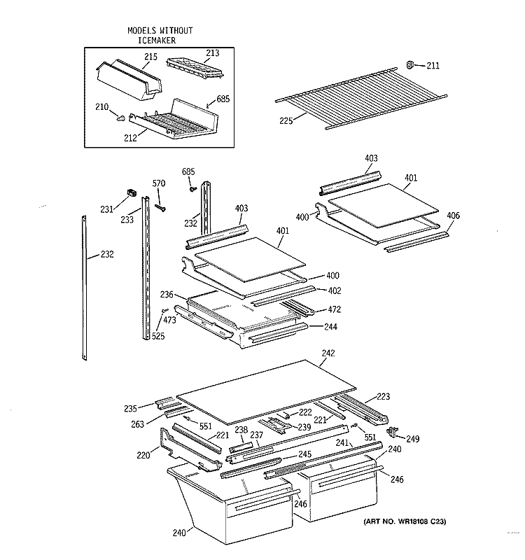 SHELF PARTS Diagram and Parts List for TBT24JAXJRAA  General Electric Refrigerator