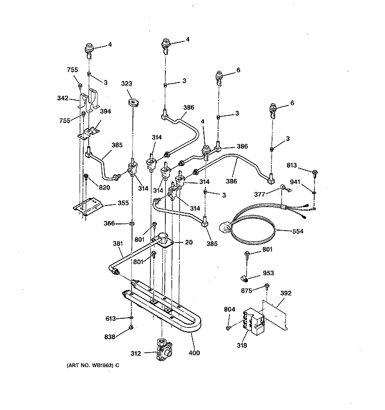 GAS & BURNER PARTS Diagram and Parts List for JGP636BEV3BB  General Electric Cooktop