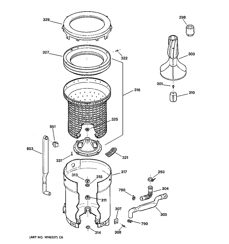 TUB, BASKET & AGITATOR Diagram and Parts List for WCSR2070T6WW  General Electric Washer