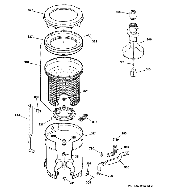TUB, BASKET & AGITATOR Diagram and Parts List for WDSR4110T6AA  General Electric Washer
