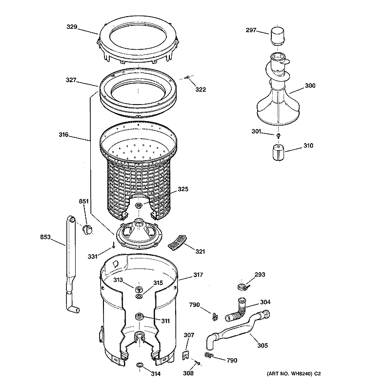 TUB, BASKET & AGITATOR Diagram and Parts List for WMXR3080T6WW  General Electric Washer