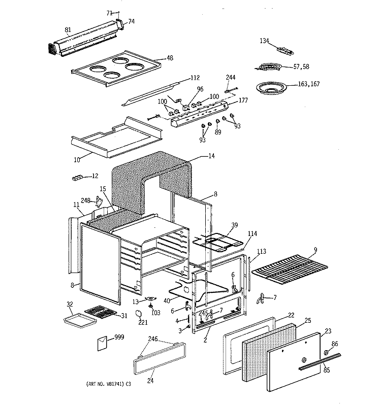 Section Diagram and Parts List for JAS02Y1  General Electric Range