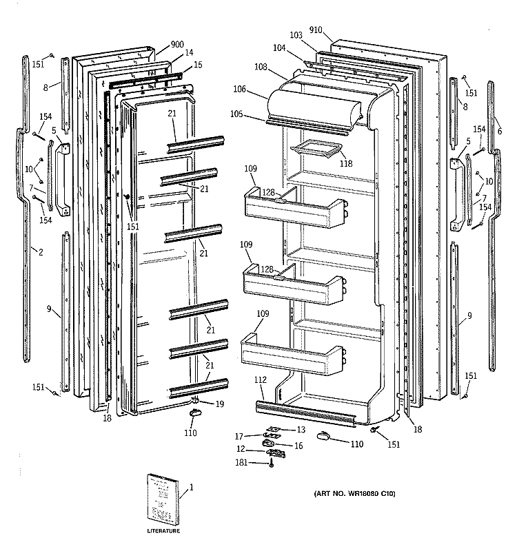 DOORS Diagram and Parts List for TFX20JAXFWW  General Electric Refrigerator