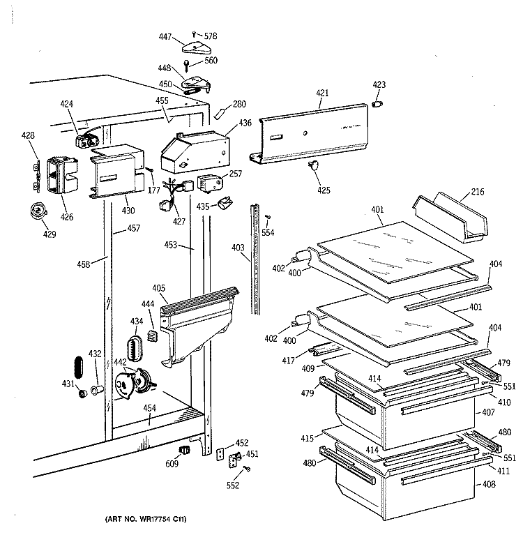 FRESH FOOD SECTION Diagram and Parts List for TFX20JAXFWW  General Electric Refrigerator