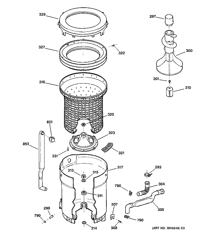 TUB, BASKET & AGITATOR Diagram and Parts List for WISR106CT5WW  General Electric Washer