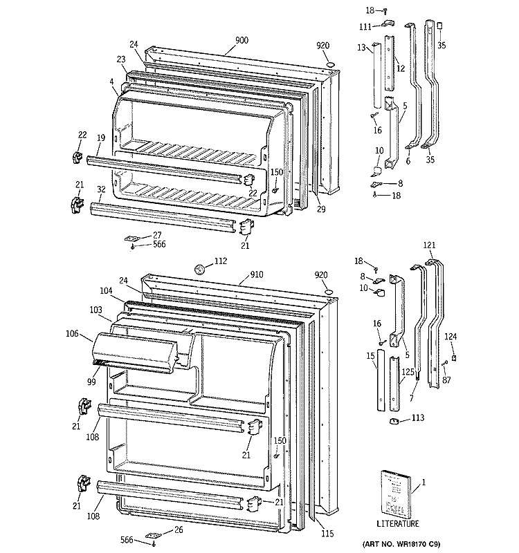 DOORS Diagram and Parts List for TBX16JAZBRAD  General Electric Refrigerator
