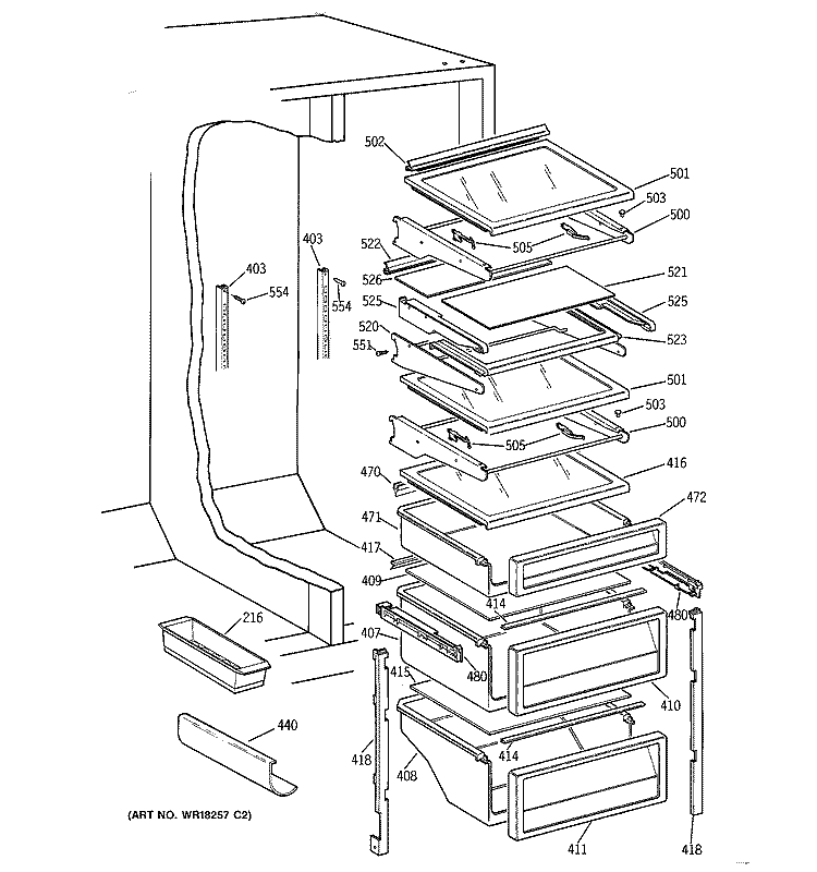 FRESH FOOD SHELVES Diagram and Parts List for TPX21BRXFWW  General Electric Refrigerator