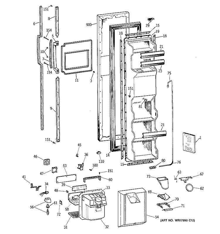 FREEZER DOOR Diagram and Parts List for TFX25VRZBWW  General Electric Refrigerator