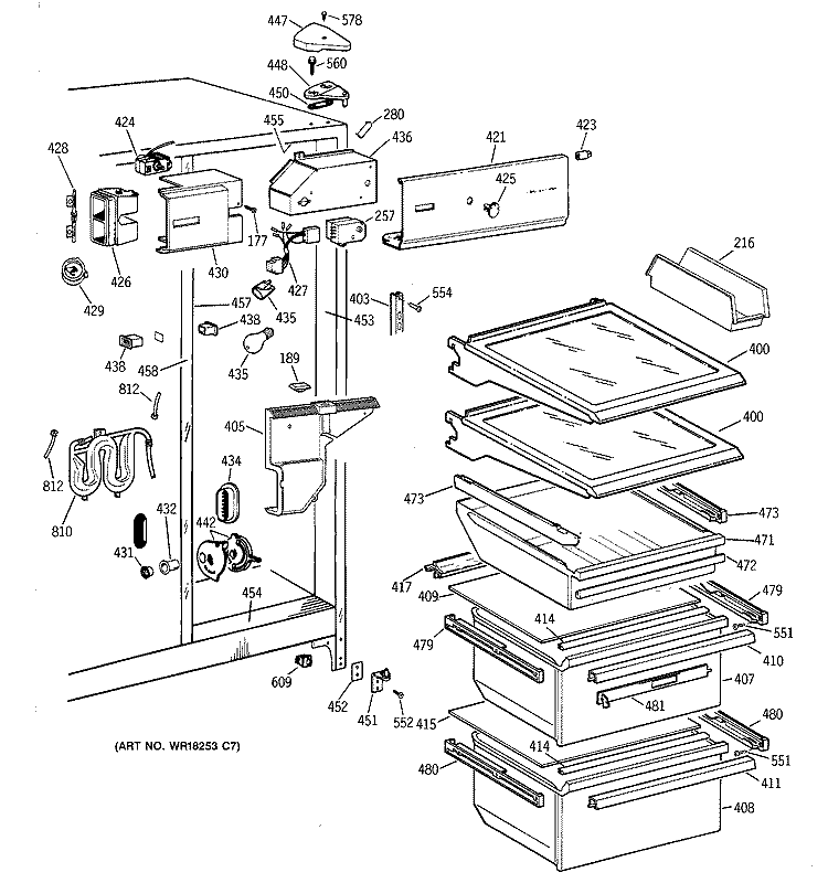 FRESH FOOD SECTION Diagram and Parts List for TFX25VRZBWW  General Electric Refrigerator