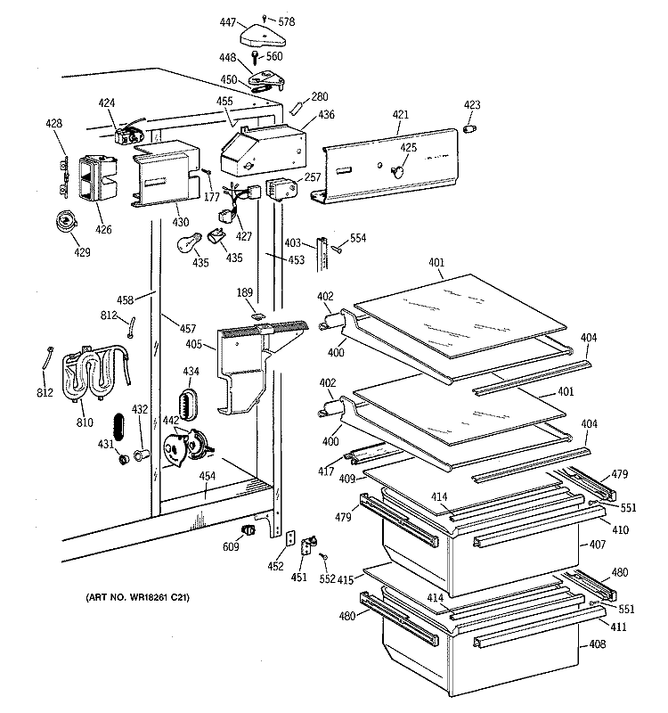 FRESH FOOD SECTION Diagram and Parts List for TFX22NWZBWH  General Electric Refrigerator
