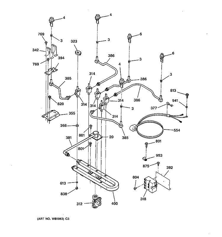 BURNER PARTS Diagram and Parts List for JGP636WEV6WW  General Electric Cooktop