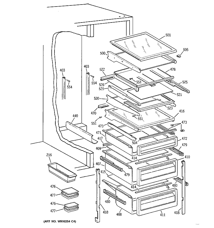 FRESH FOOD SHELVES Diagram and Parts List for TFG27PFXFBB  General Electric Refrigerator