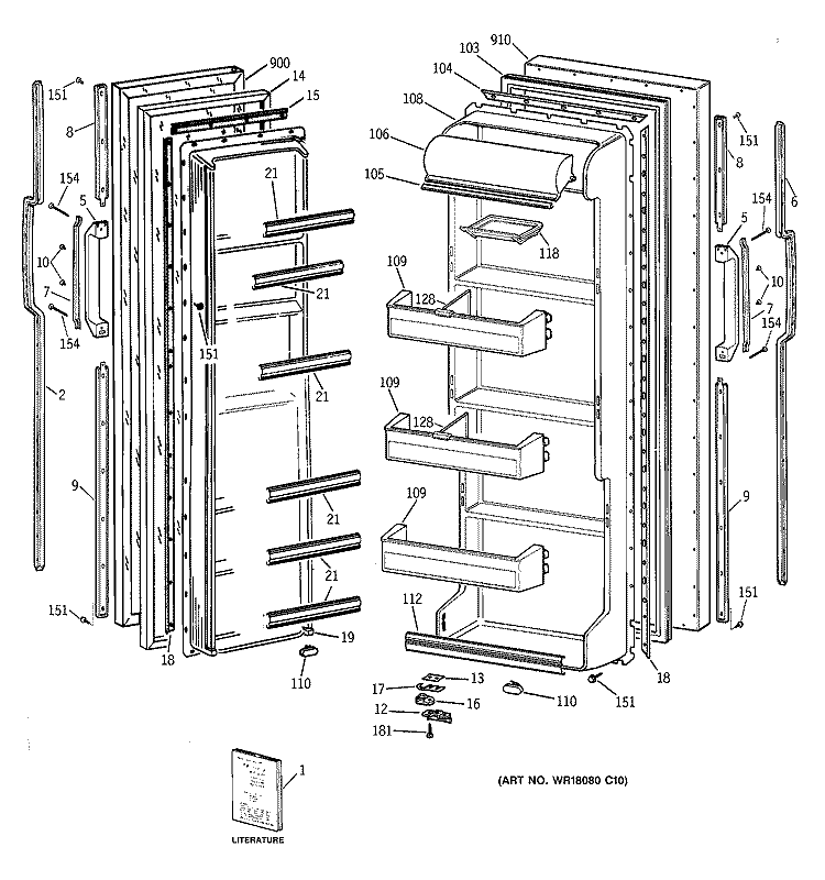 DOORS Diagram and Parts List for TFG20JAXFWW  General Electric Refrigerator