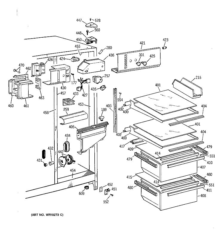 FRESH FOOD SECTION Diagram and Parts List for TFG20JAXFWW  General Electric Refrigerator