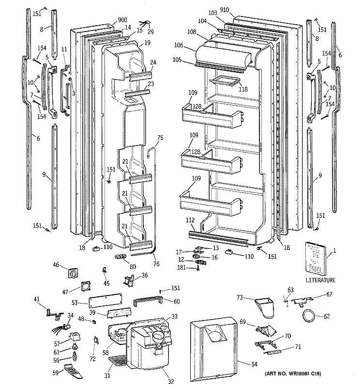DOORS Diagram and Parts List for TFG20JRXFWW  General Electric Refrigerator