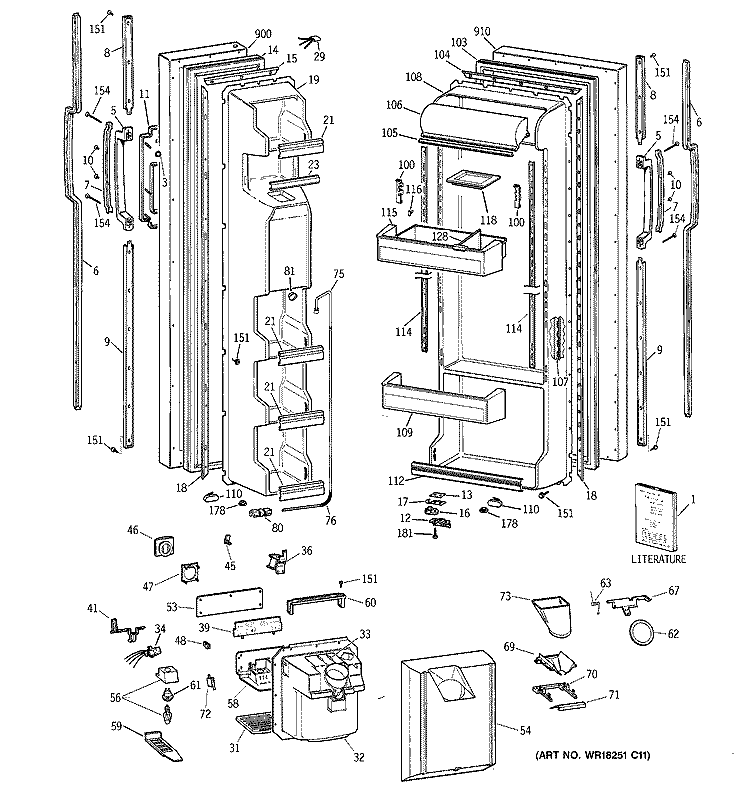 DOORS Diagram and Parts List for TFG25JRYFWW  General Electric Refrigerator